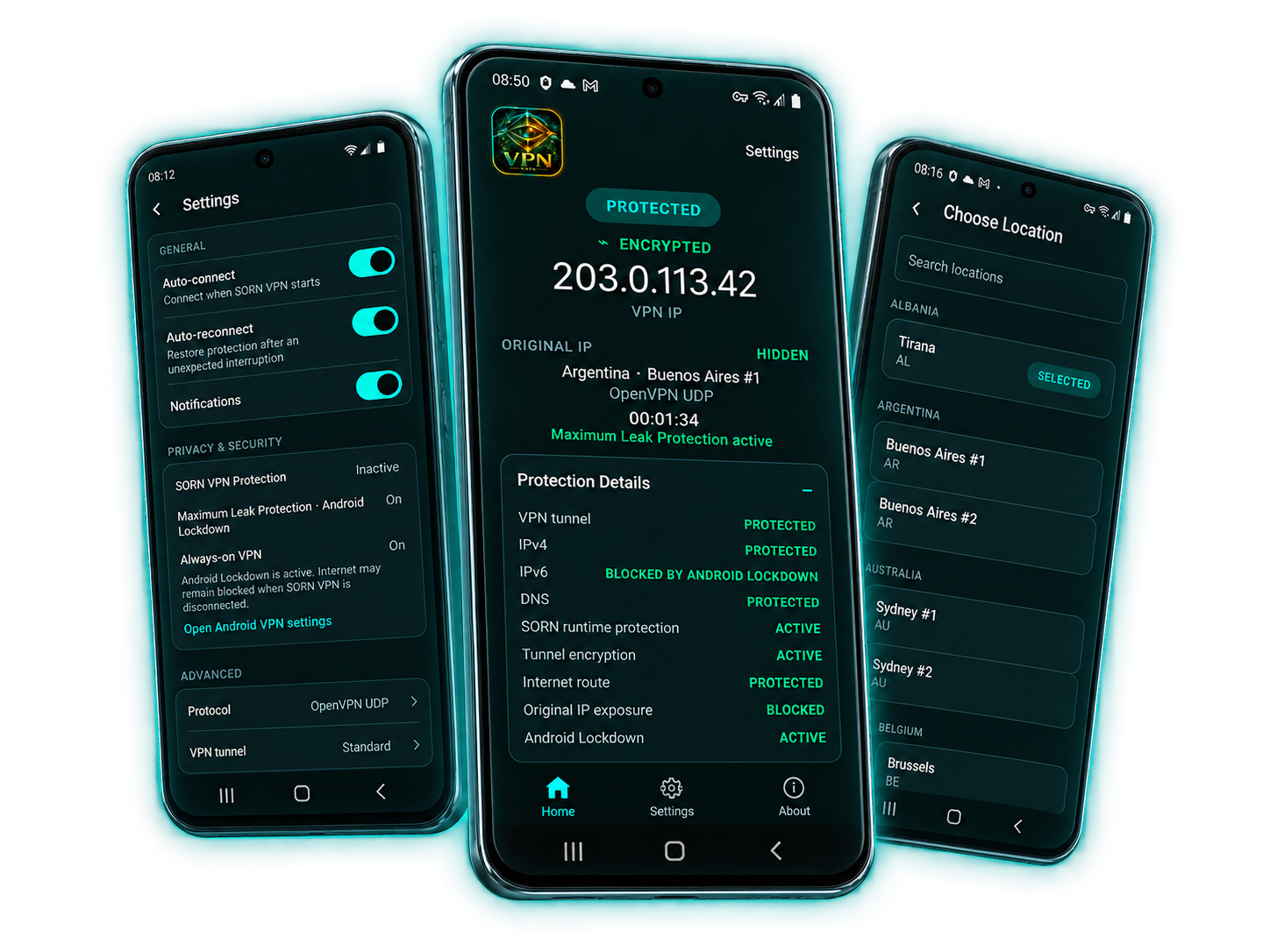 SORN VPN protected screen, settings and location selection on three phones