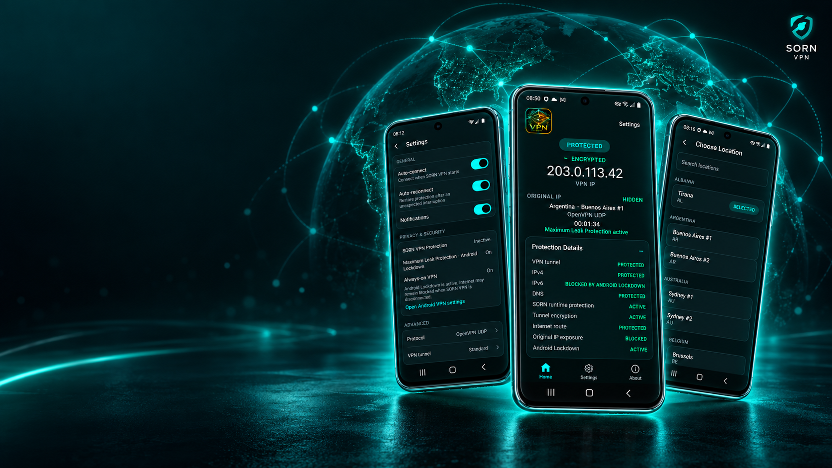 SORN VPN phones in front of a glowing connected globe