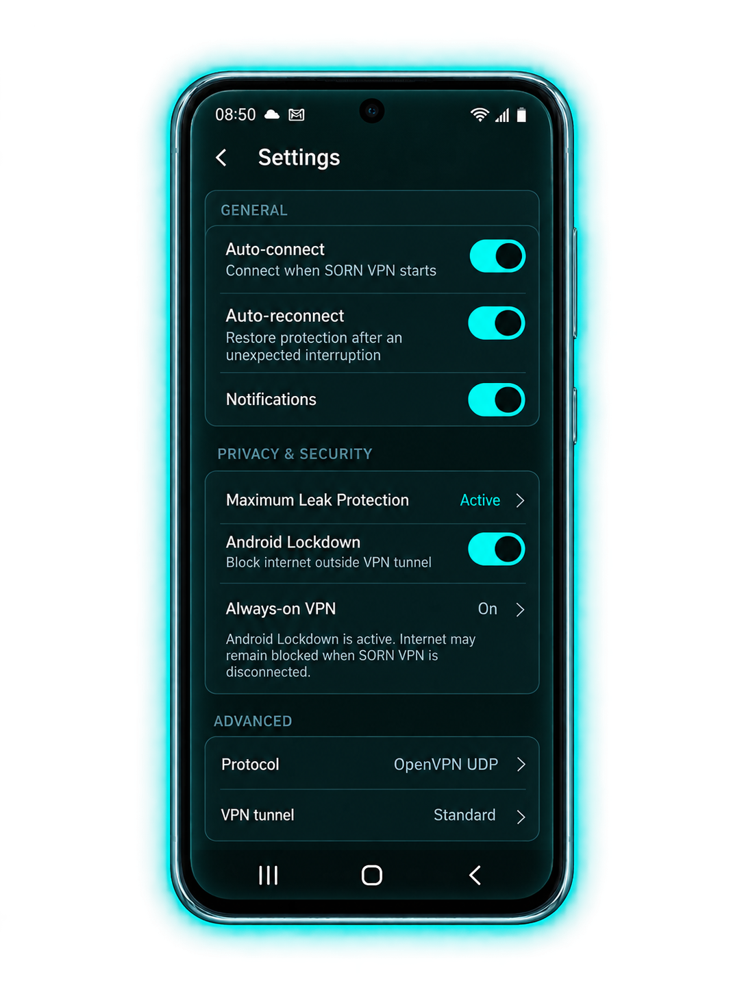 SORN VPN automatic connection and maximum protection settings